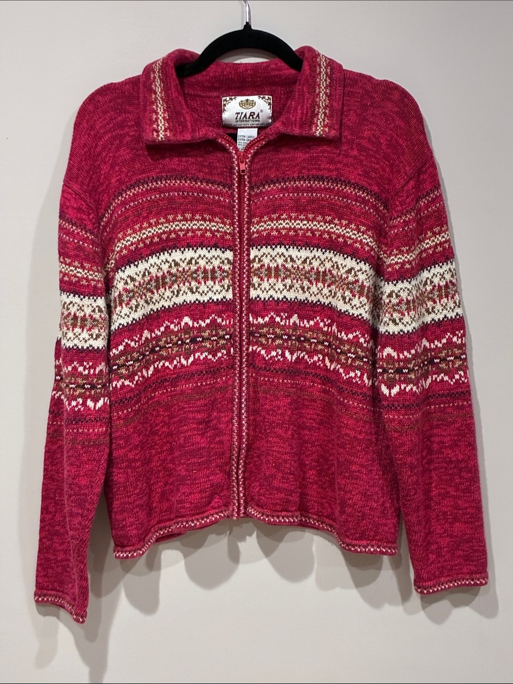 Tiara Hot Pink Zip-Up Fair Isle Cardigan